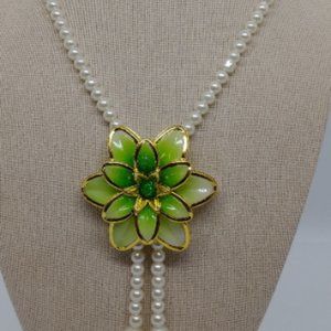 Pearl Necklace with a Large Green Polished Glass Flower Shape Pendant
